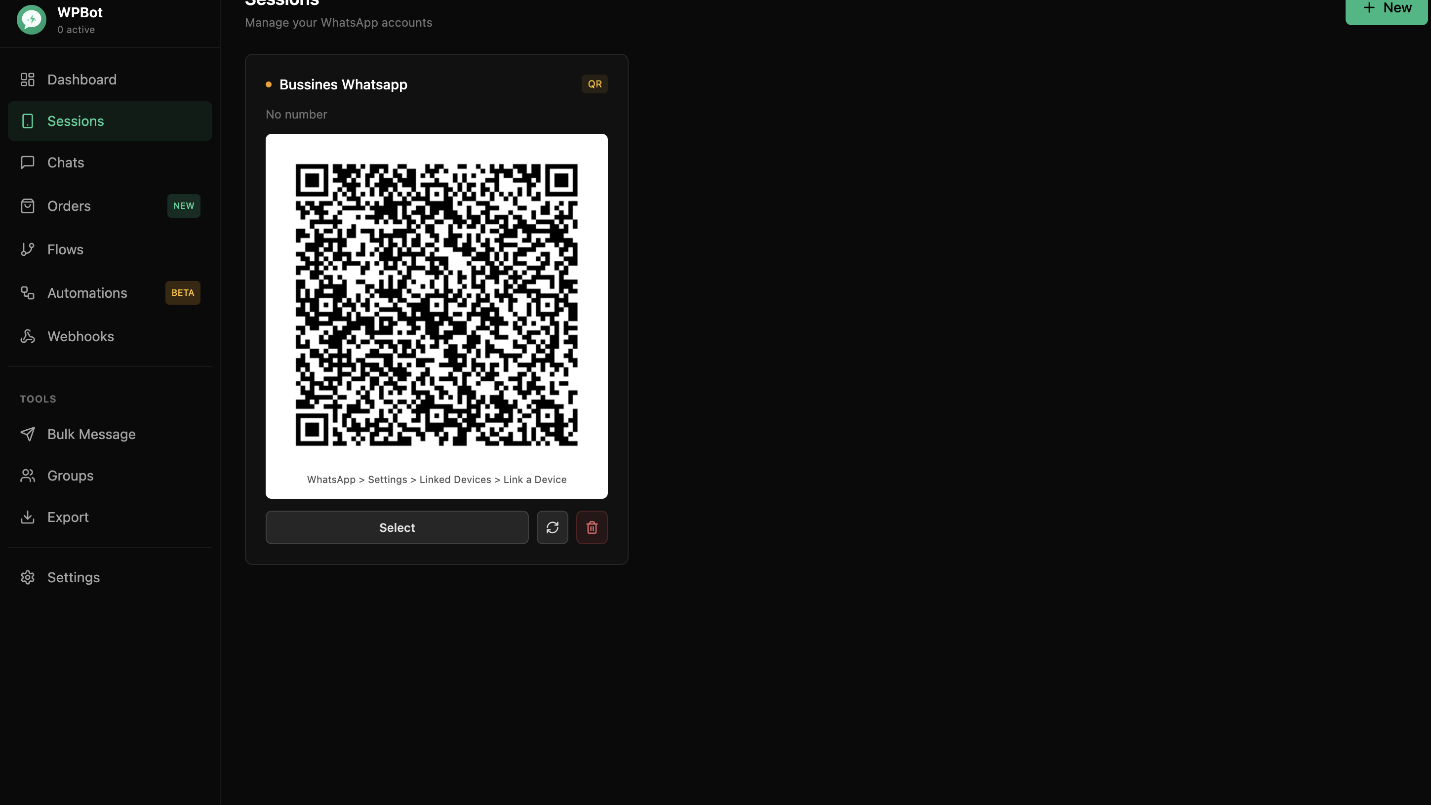 wpBot oturum yönetimi ekranı