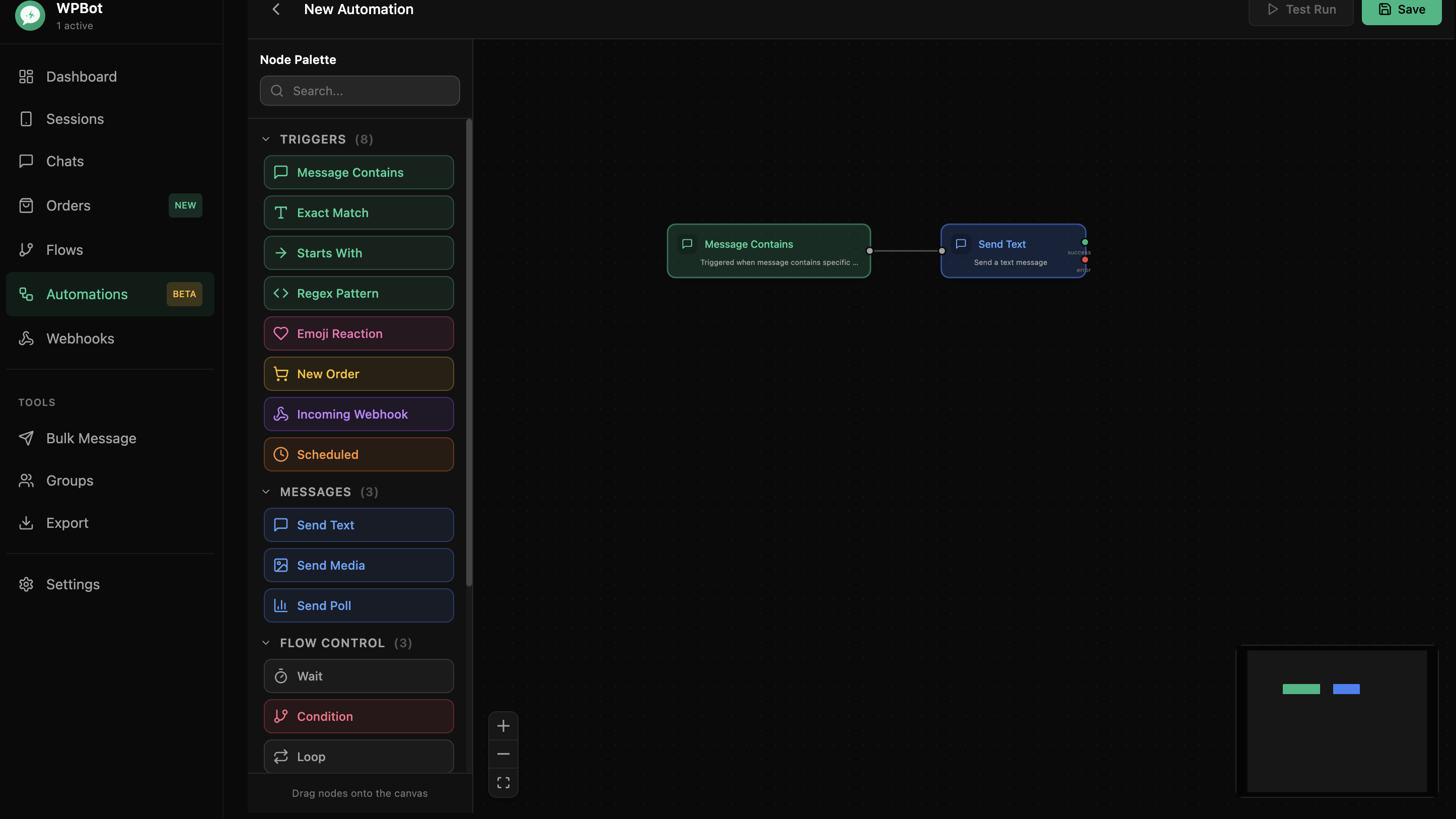 wpBot görsel otomasyon düzenleyici