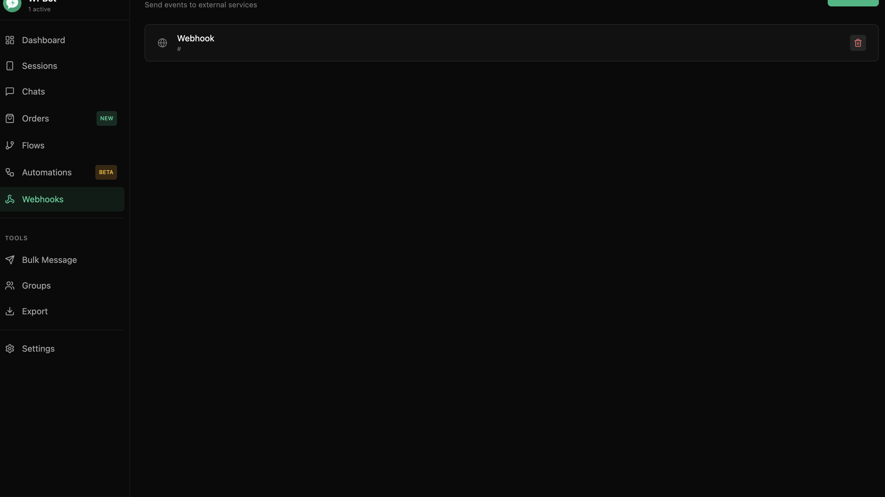 wpBot webhook yapılandırma ekranı