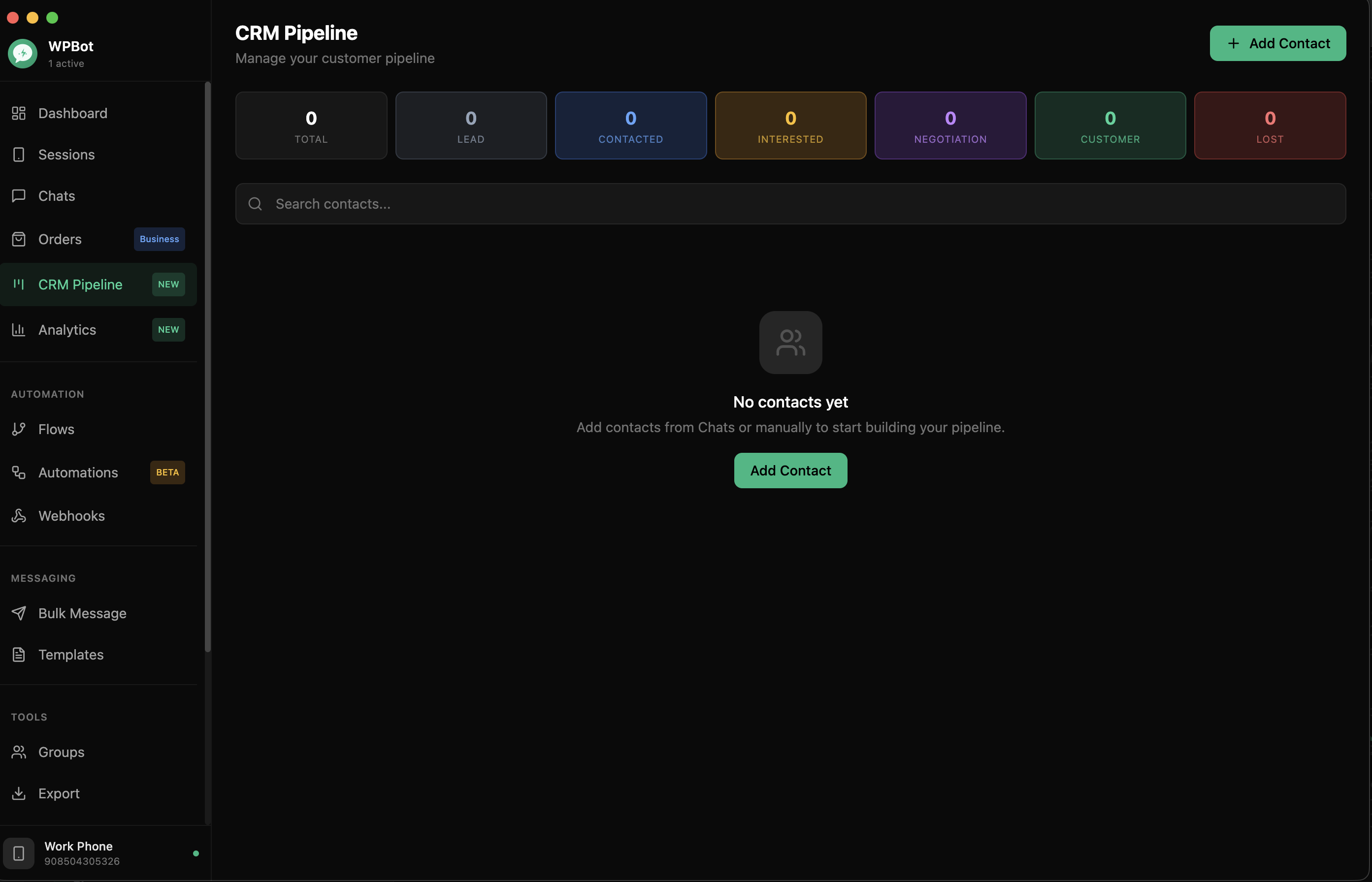 wpBot CRM boru hattı kanban görünümü